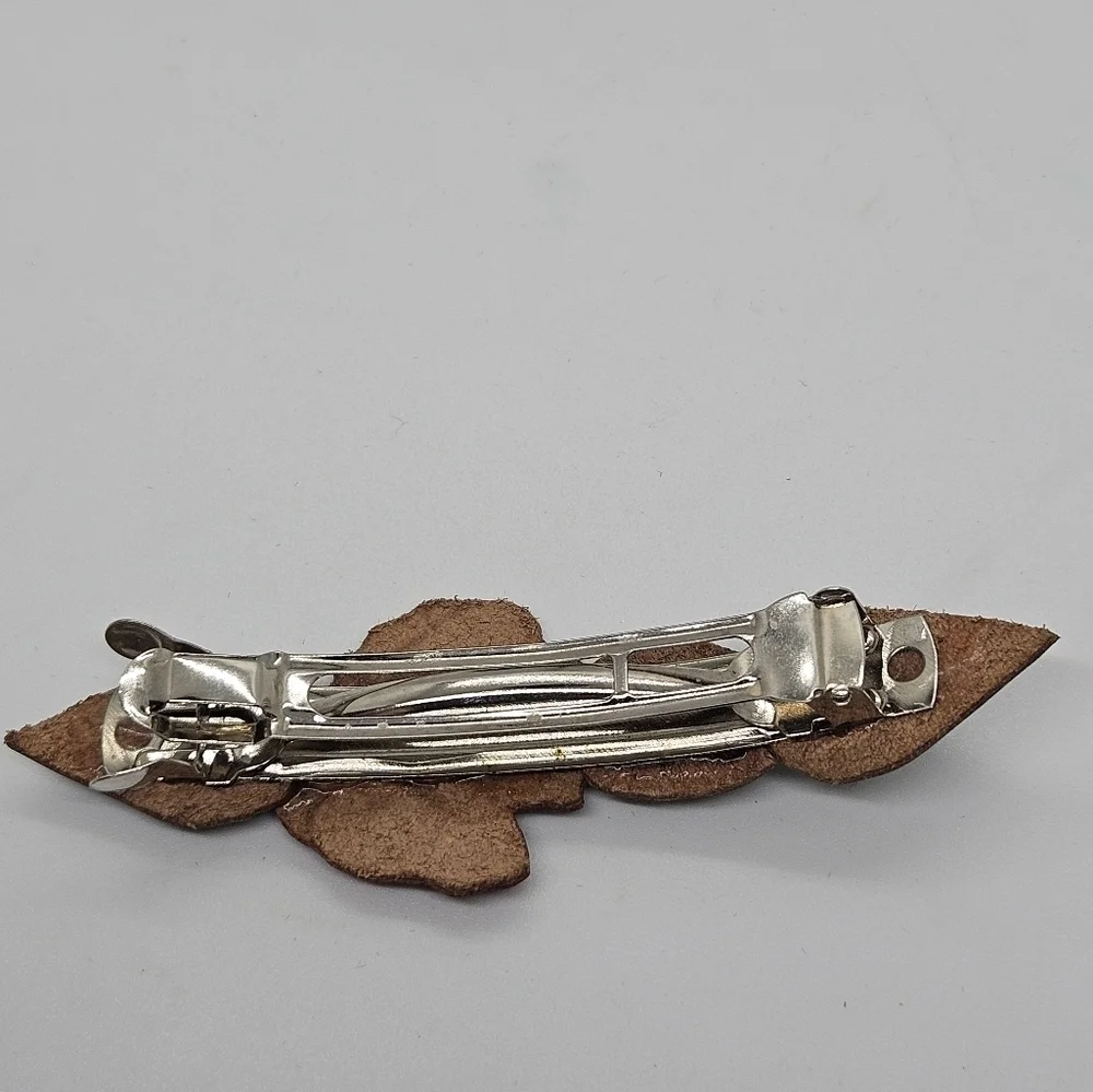 faux leather flower and leaves barrette hair clip faux pearls